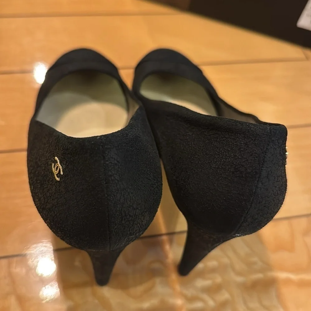 CHANEL CC interlocking black suede leather textured pumps heels sz 41.5 w box